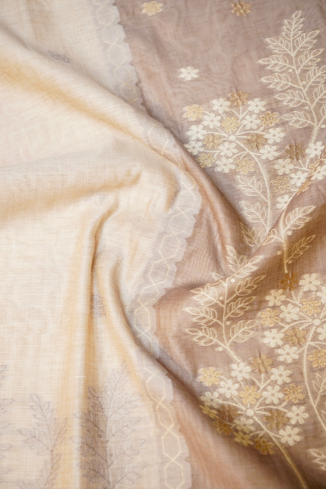 Off White &amp; Mauve Floral Woven Unstitched Suit Set