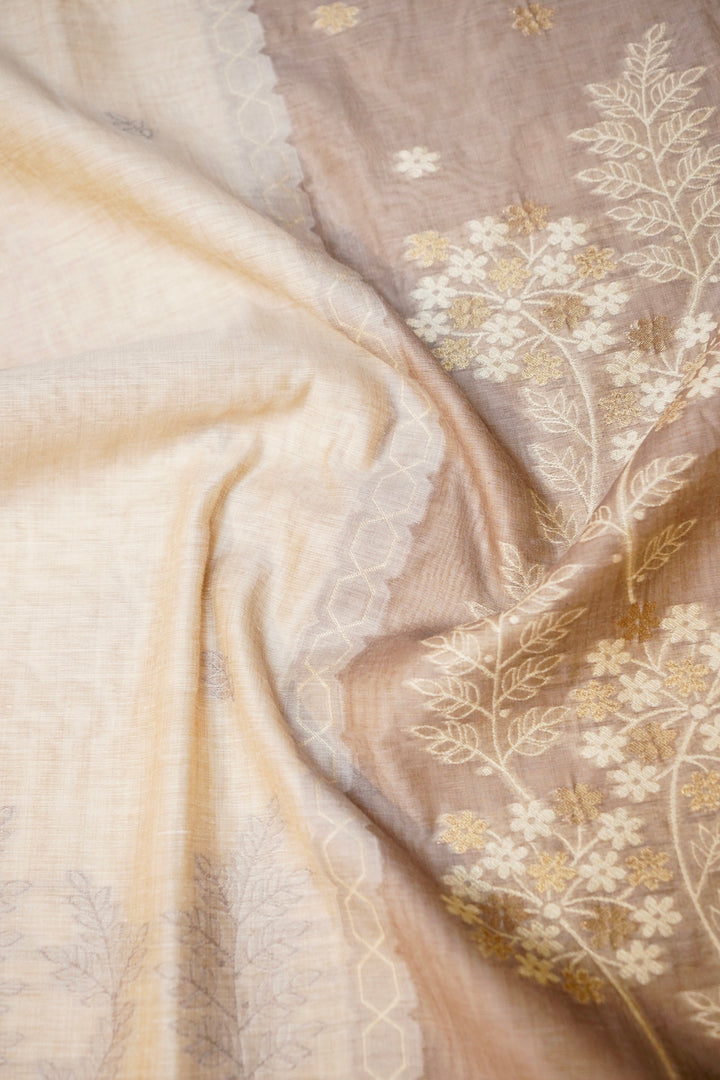 Off White &amp; Mauve Floral Woven Unstitched Suit Set