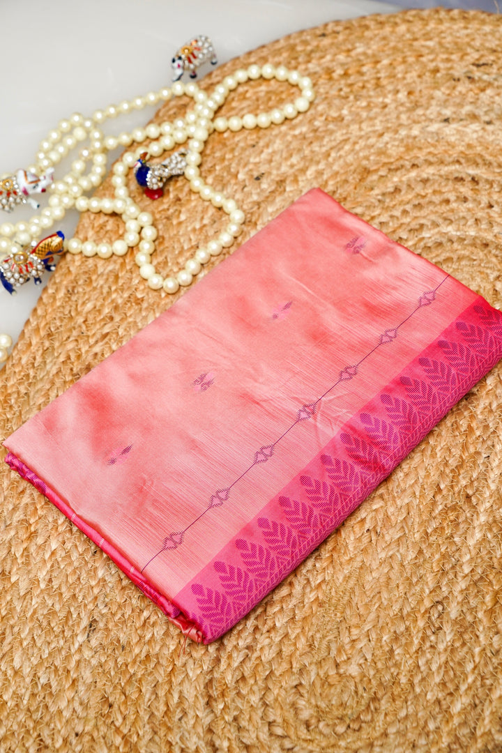 Peach Soft Silk Kanjivaram Inspired Saree with Contrast Thread Weaving