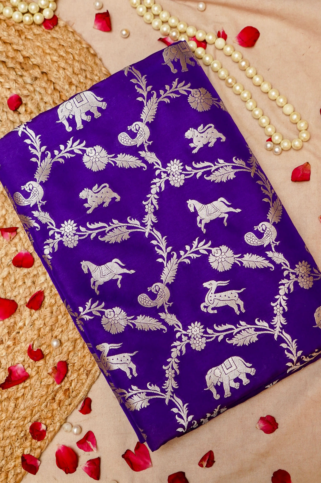 Banarasi Violet Katan Silk Shikargah Unstitched Suit Set View 1