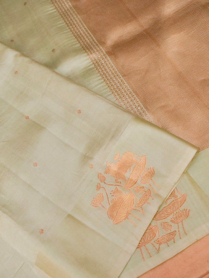 Handwoven Banarasi Pure Pastel Green Mashru Silk Saree with Zari Shikargah Weave View 3