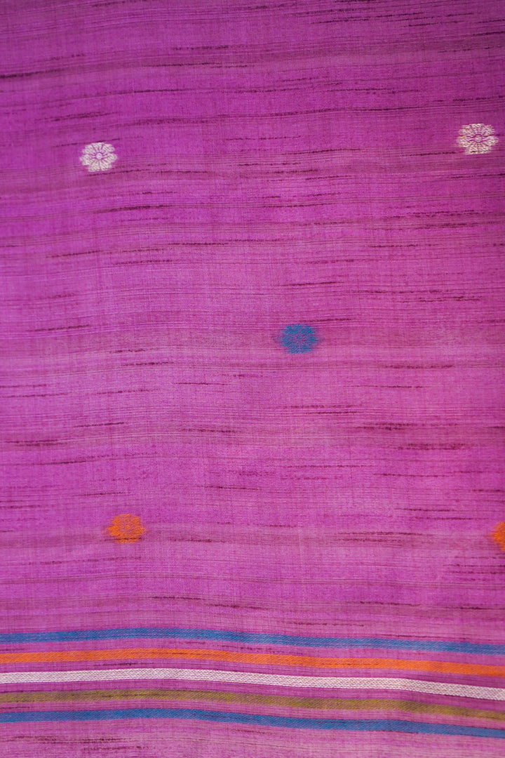 Cream Tussar Silk Saree with Meenakari Bootidar &amp; Purple Peacock Motif Pallu