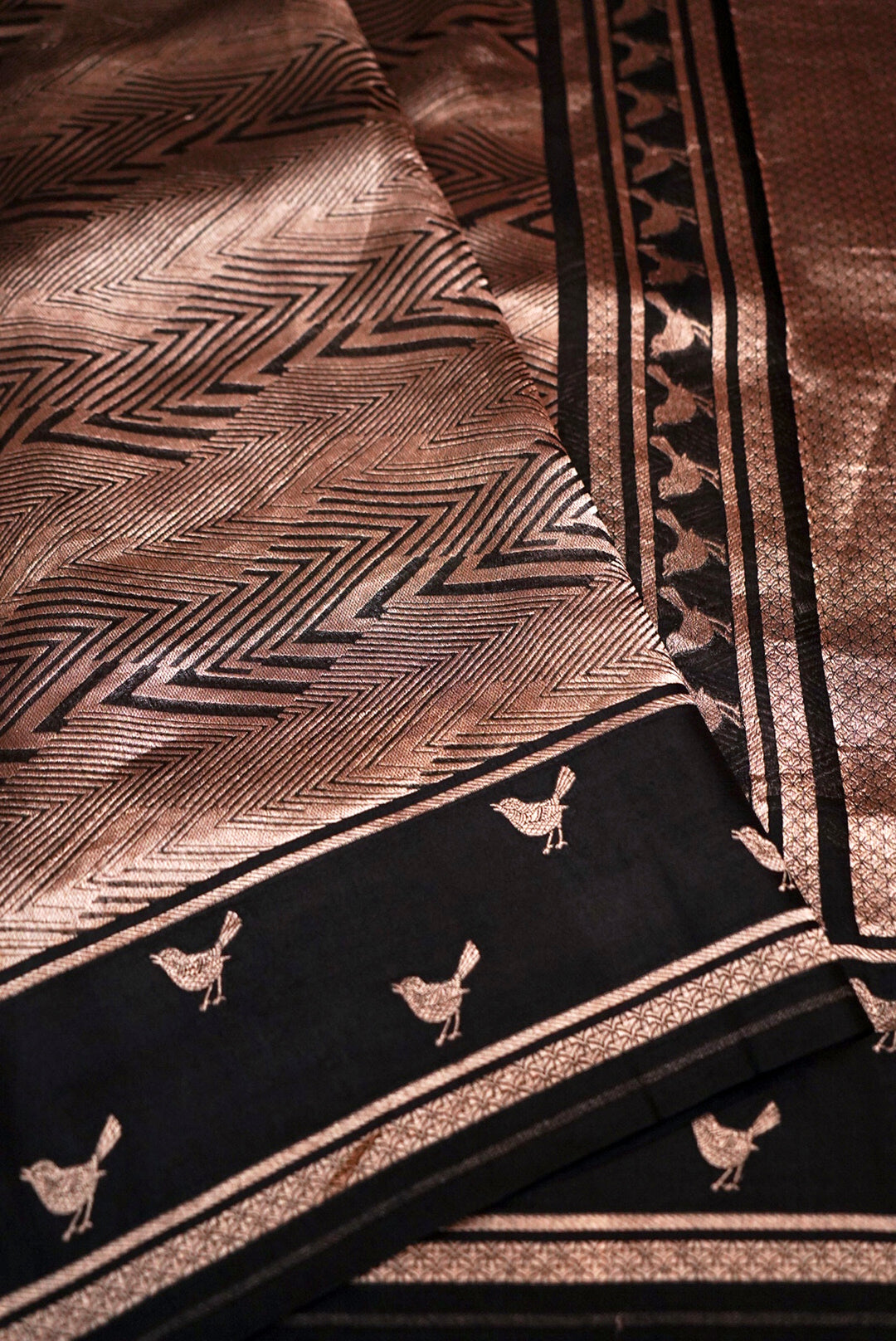 Banarasi Chevron Weave Black Pure Organza Birds Motif Saree