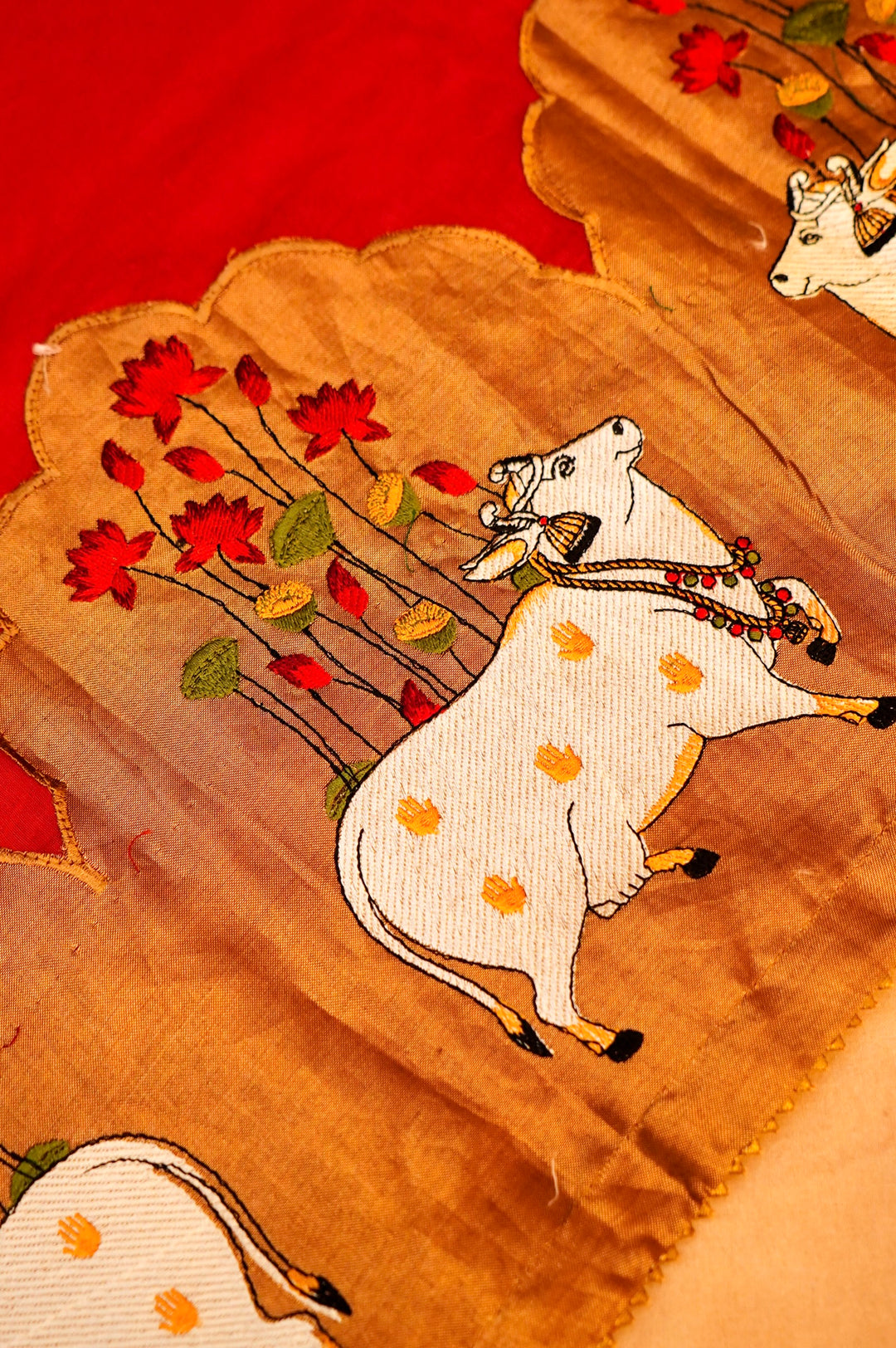 Pure Red Chanderi Silk Suit Set with Zardozi Neckline & Pichwai Embroidered Dupatta