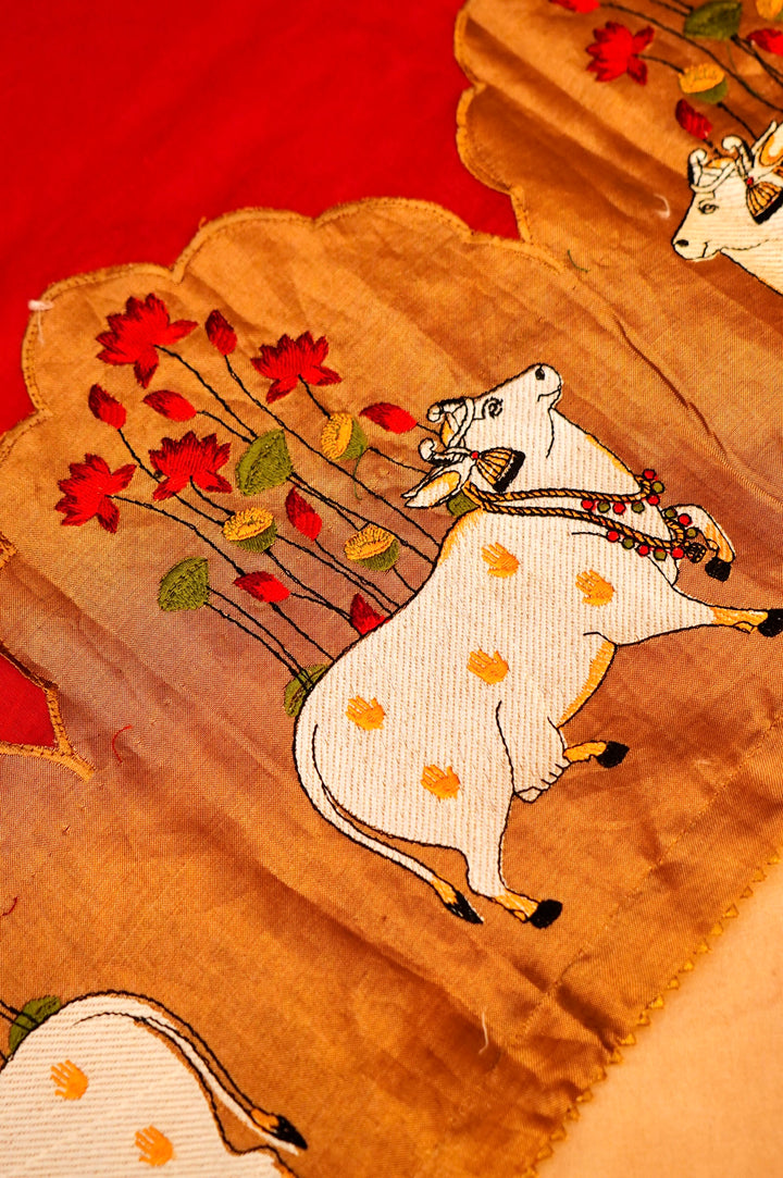 Pure Red Chanderi Silk Suit Set with Zardozi Neckline & Pichwai Embroidered Dupatta