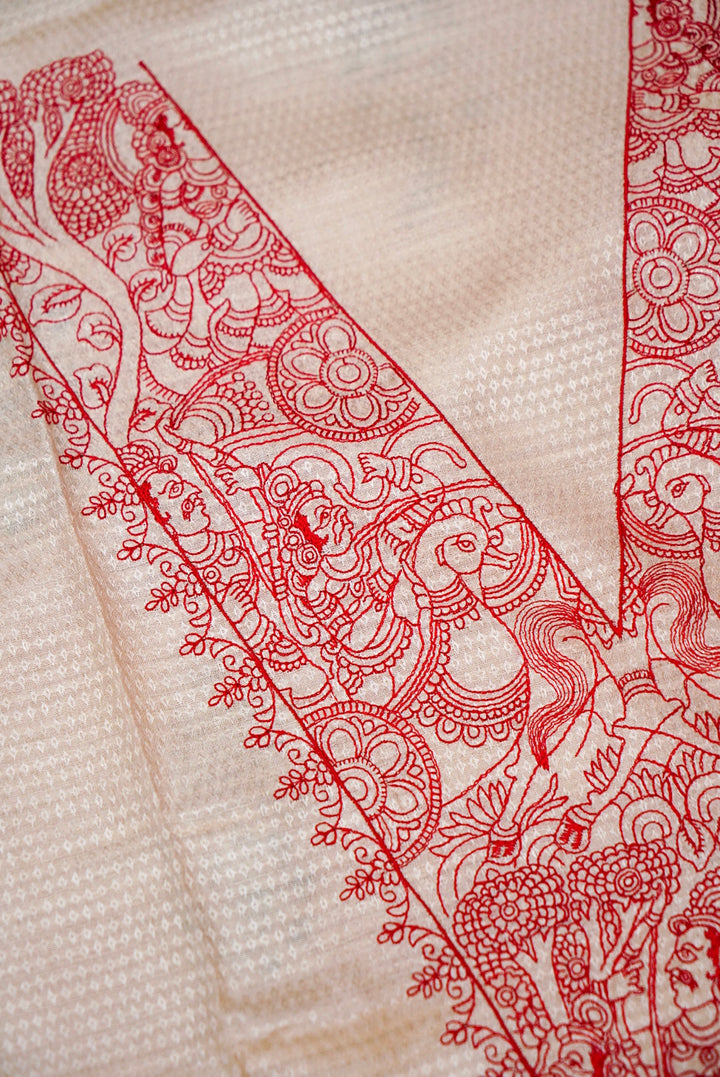 Pure Silk Tussar Fabric with Mural Art Thread Embroidery and Hand Block Prints