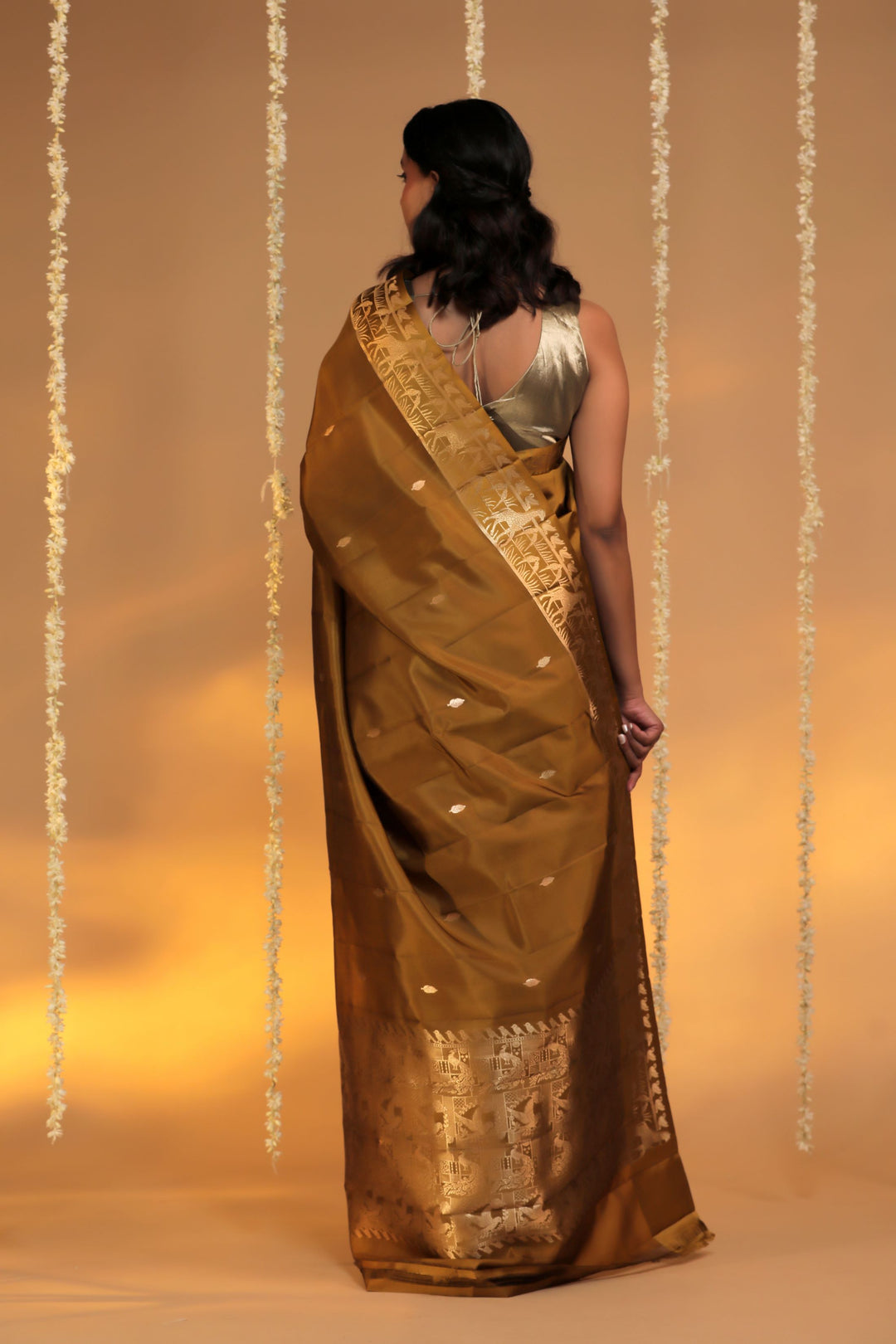 handloom banarasi pure mashru silk mustard shikargah saree back view