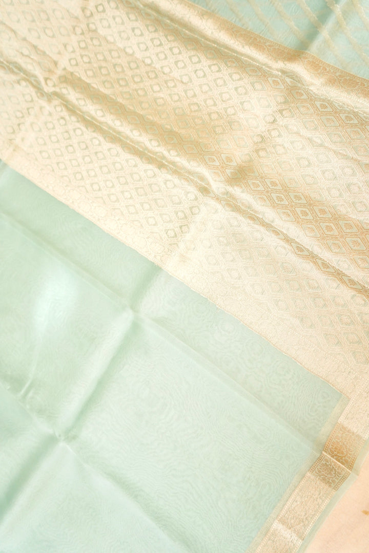 Pastel Green Zari Grace Border Pure Organza Silk Saree Open View
