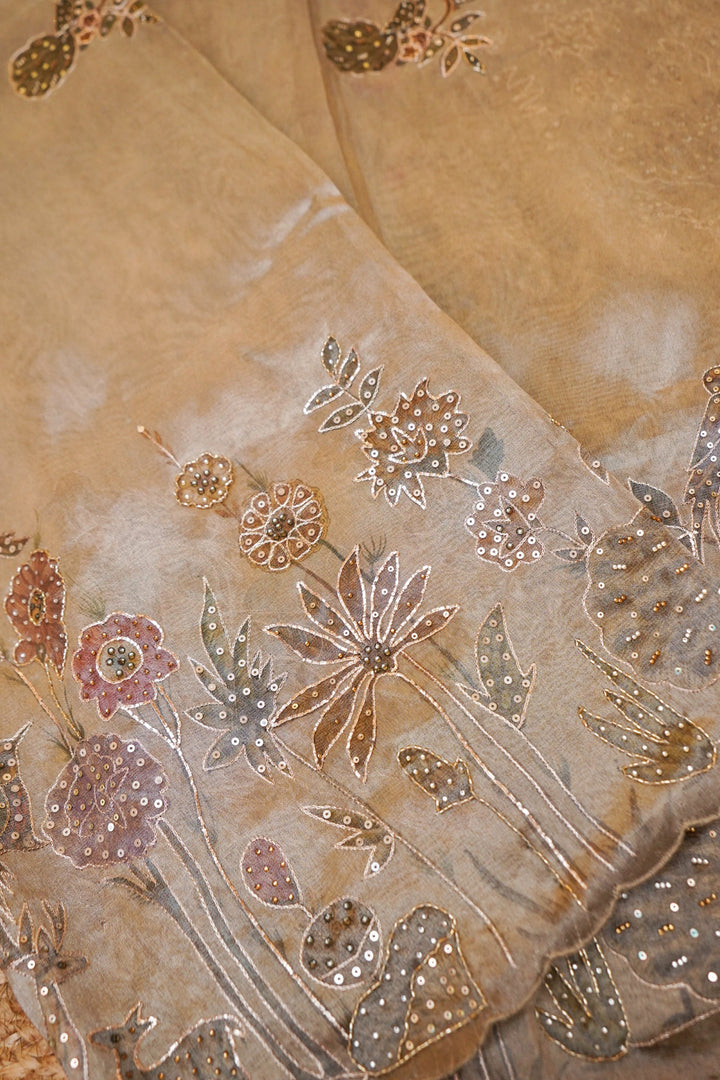Soft Tissue Silk Aari Tari Hand Embroidered and Printed Saree