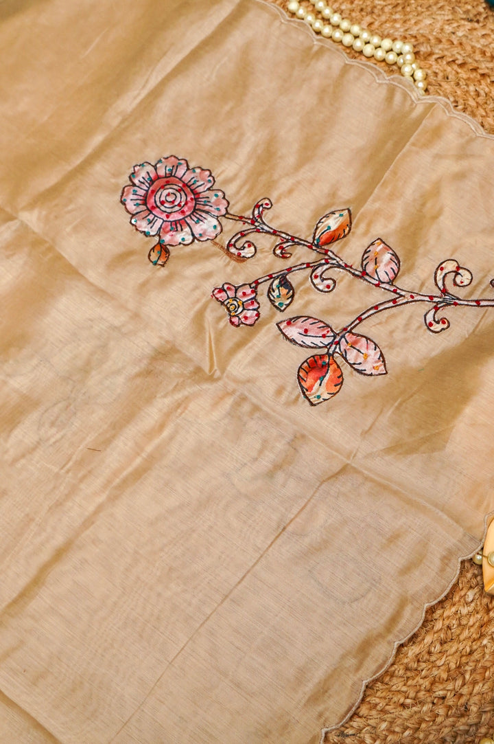 Beige Crepe Silk Suit Set with Appliqué and Kantha Embroidery Closeup View 2