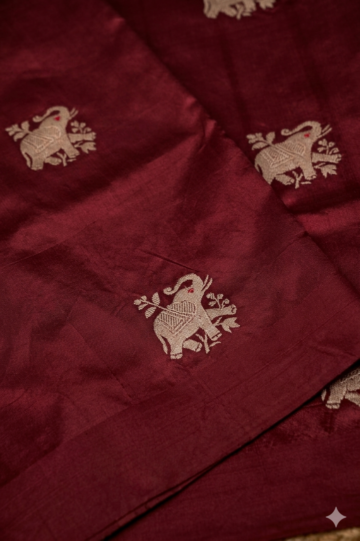 Royal Maroon Handwoven Banarasi Pure Puna Silk Saree with Zari Elephant Motifs