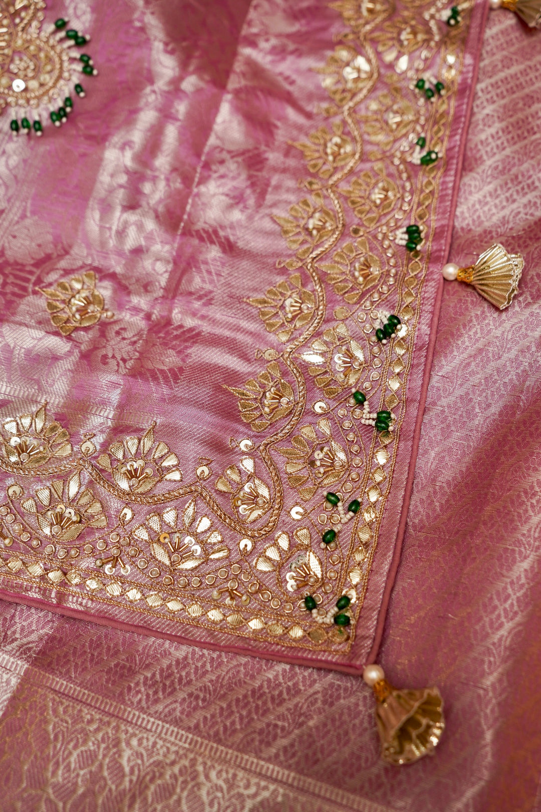 Baby Pink Designer Banarasi Brocade Tissue Saree with Hand Embroidery