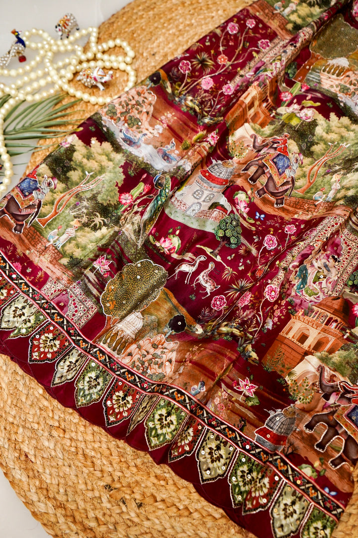 Maroon Crepe Silk Saree with Katha Embroidery & Printed Figure Motifs