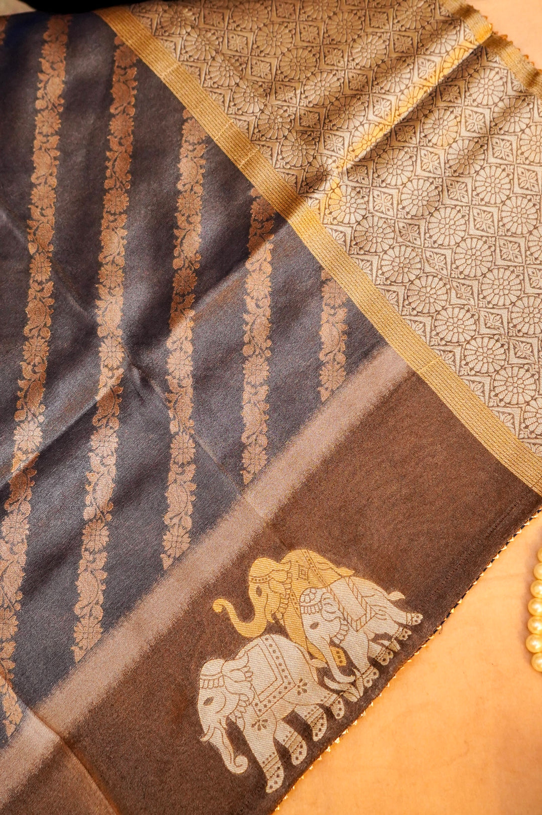 Dark Grey Banarasi Tissue Silk Saree with Meenakari Jangla Top and Elephant Motif Dupatta