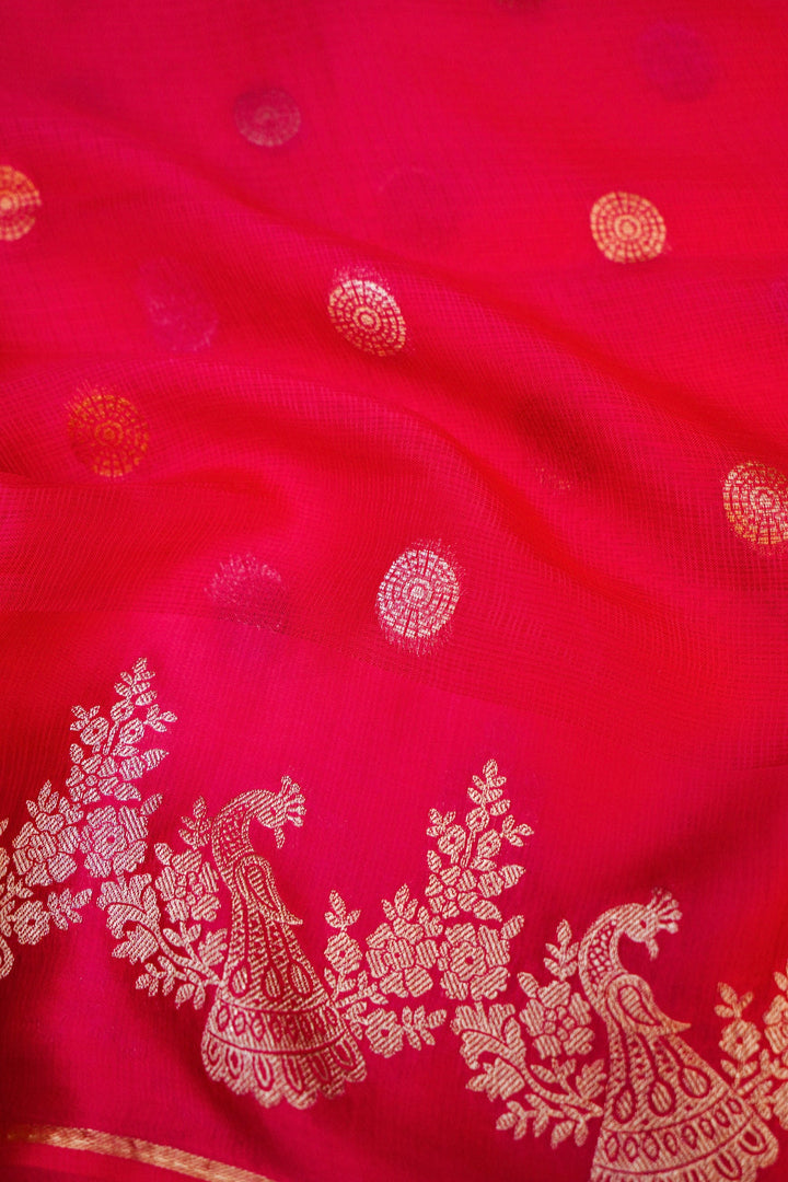 Pink Bridal Kota Check Saree with Birds Motif Silk Border