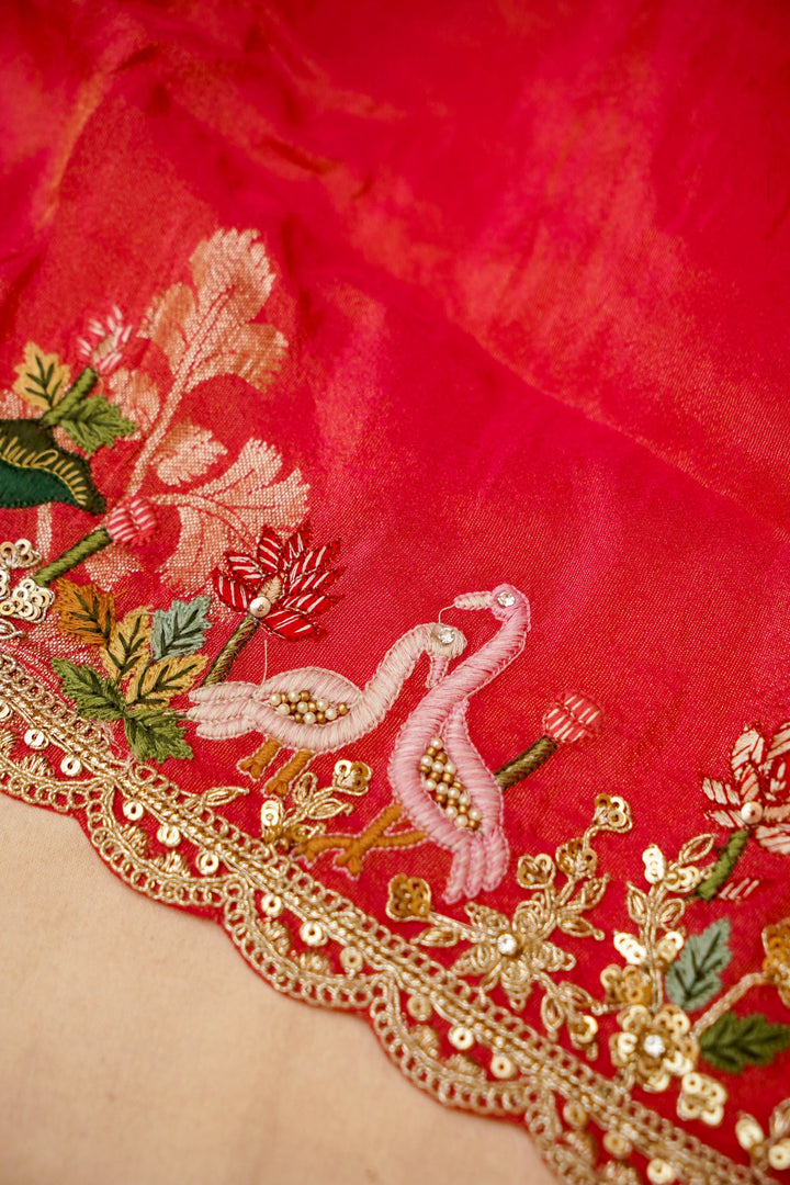 Pink and Orange Lehenga Pattern Half Half Tissue Silk Meenakari Embroidery Saree View 6