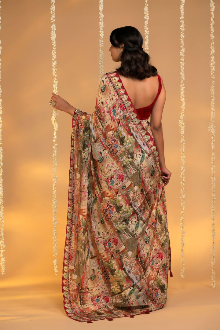 cherry red crepe silk katha embroidery figure motif saree back view 2