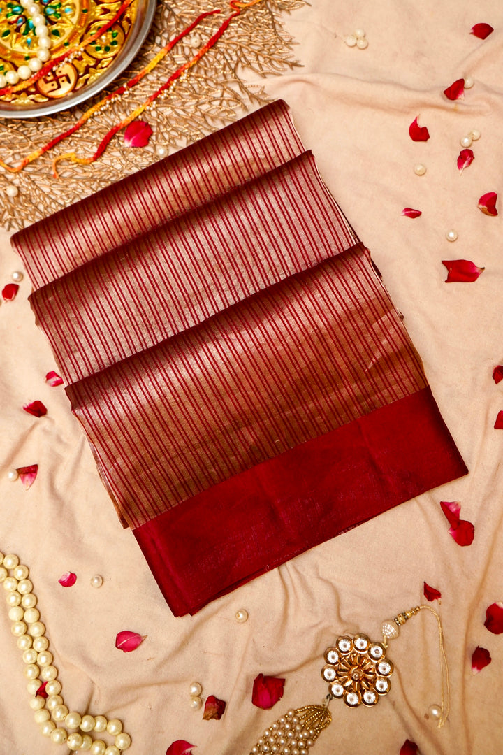 Maroon Stripe Luxe Banarasi Tissue Silk Saree View 1