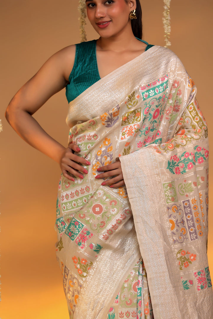 handwoven offwhite banarasi pure munga tussar georgette meenakari saree closup view