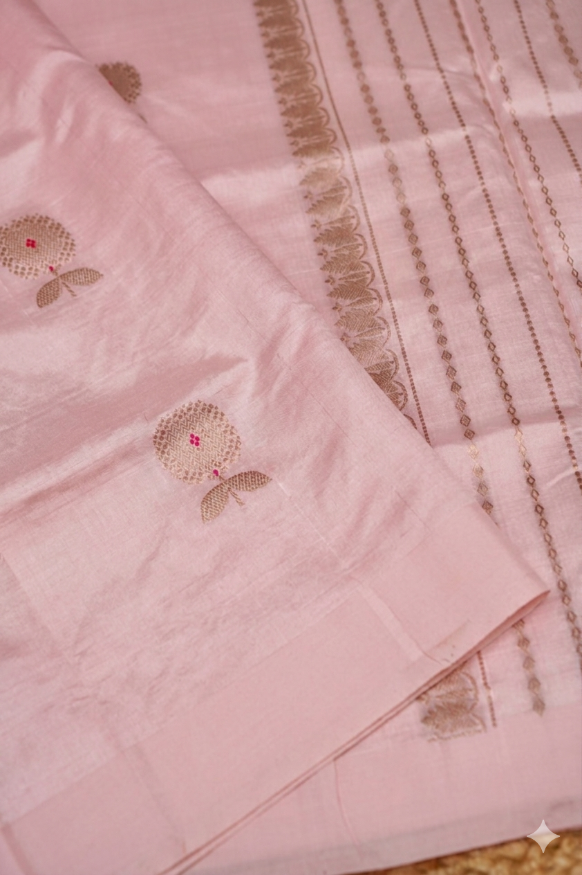 Handwoven Baby Pink Banarasi Pure Puna Silk Saree with Meenakari Booti