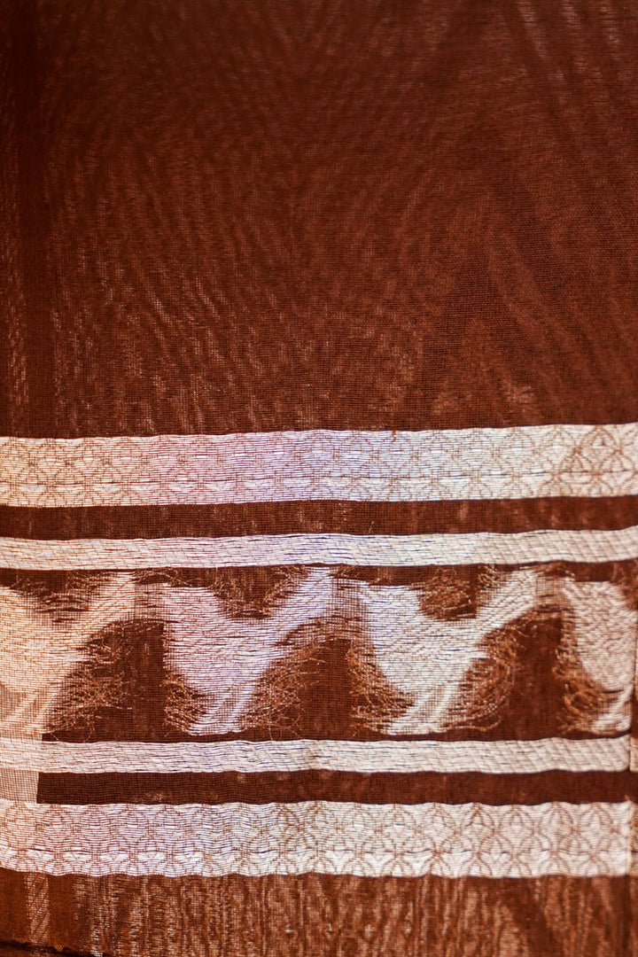 Coffee Brown Handwoven Banarasi Tissue Silk Saree with Silver Zari Zig-Zag Weave & Bird Motif Border
