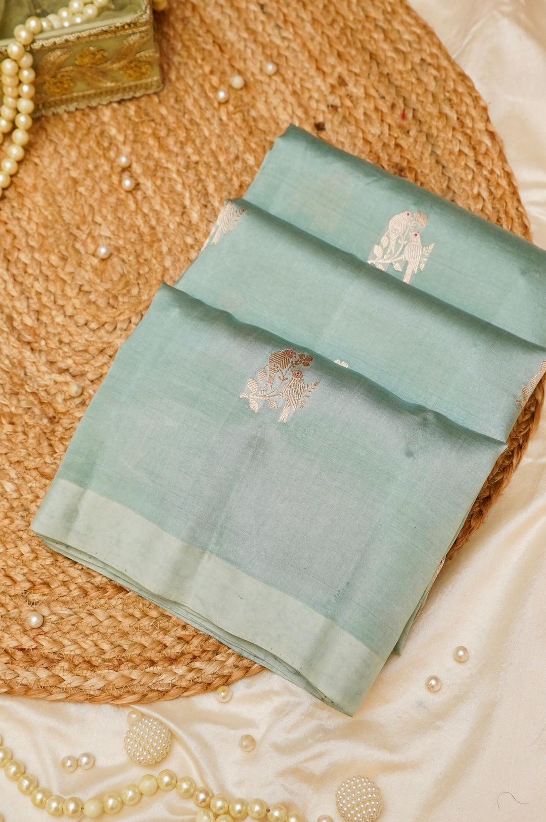 Sage Green Handwoven Banarasi Pure Katan Silk Elephant Motif Saree View 1