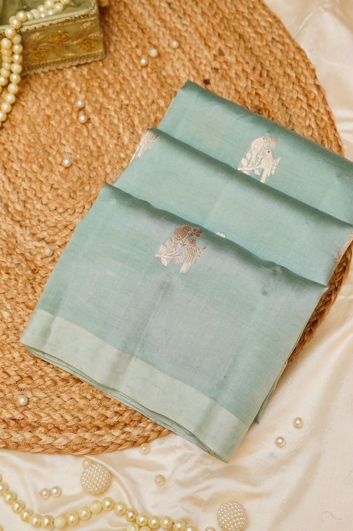 Sage Green Handwoven Banarasi Pure Katan Silk Elephant Motif Saree View 1