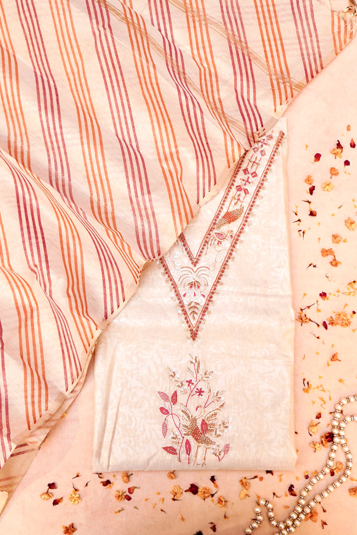 Beige Gold Pure Chanderi Tissue Silk Suit with Zardozi & Resham Embroidery
