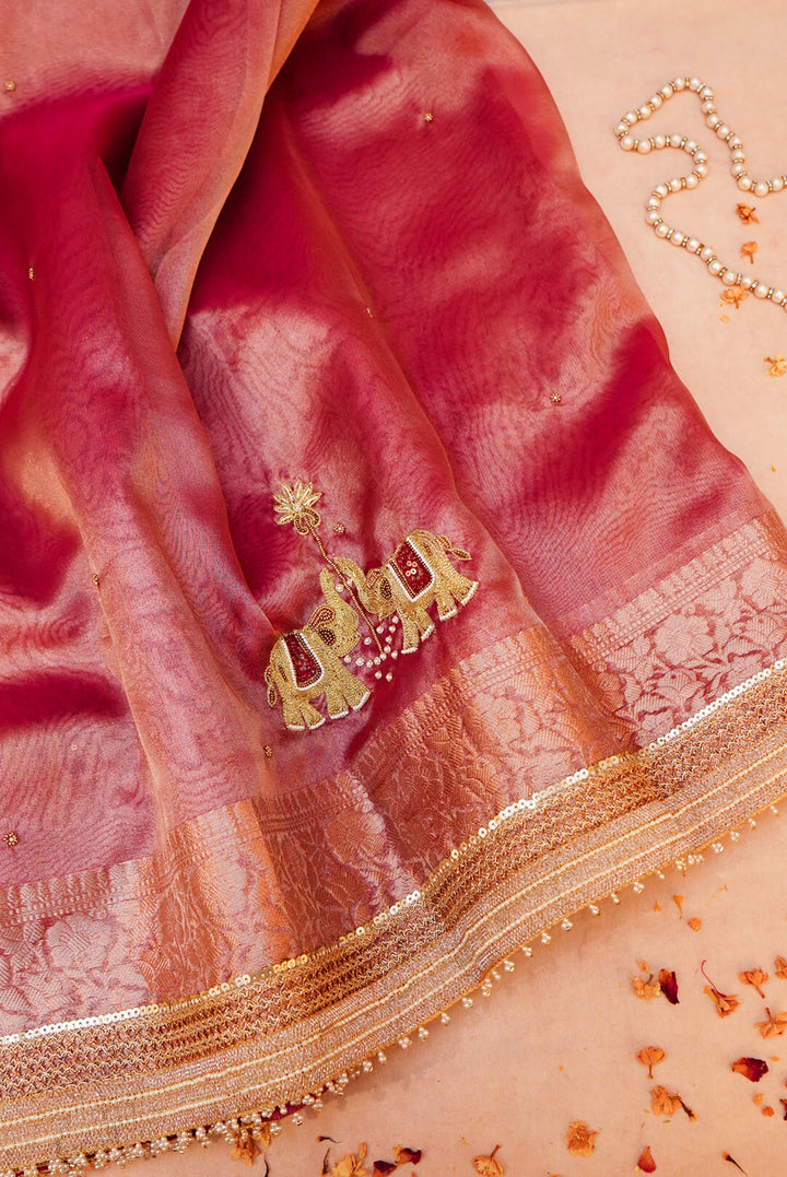 Rose Gold Gajanan Maharani Tissue Saree with Embroidery and Pearl Work