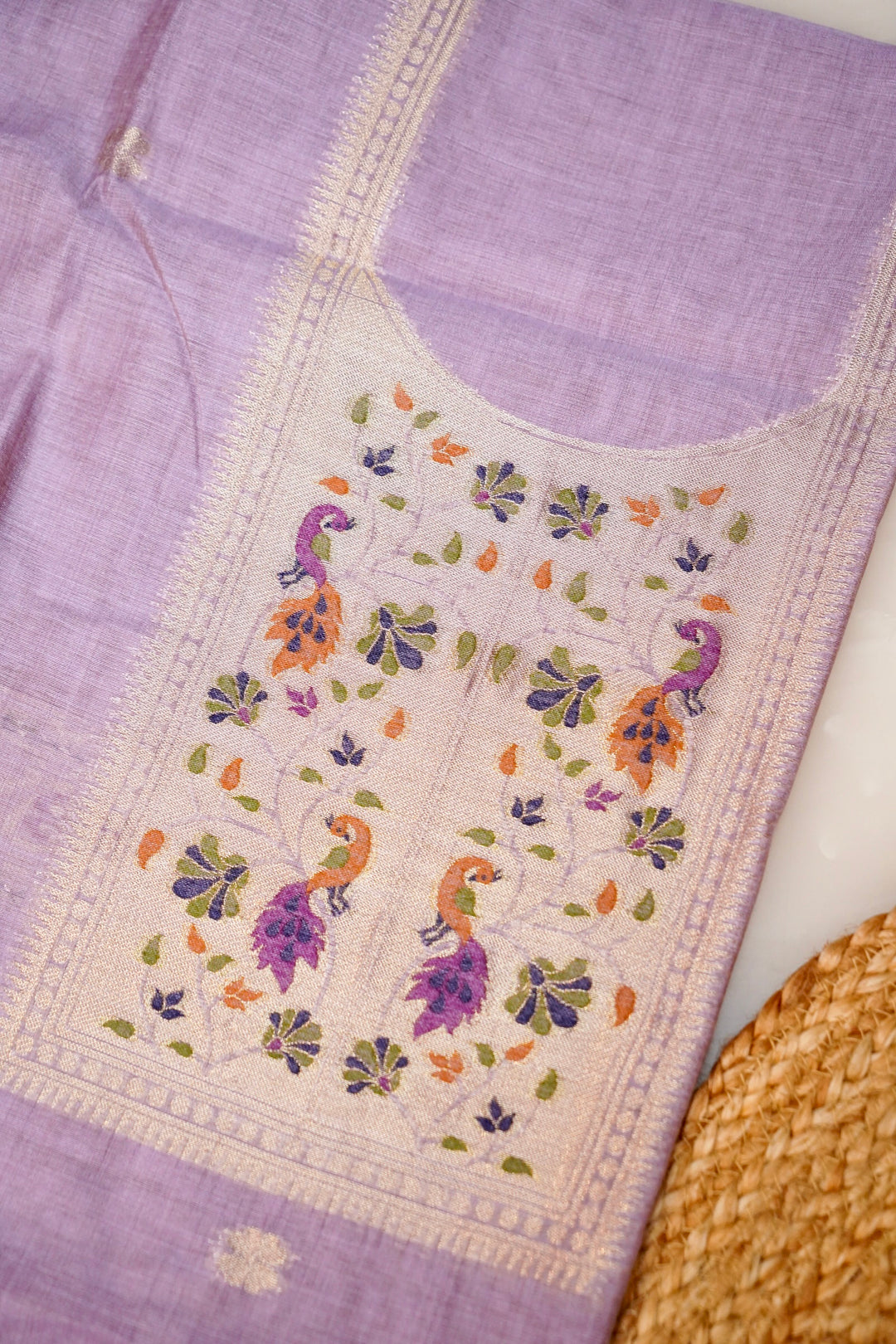 Pure Cotton Unstitched Suit Set – Pastel Lilac &amp; Meenakari Dupatta