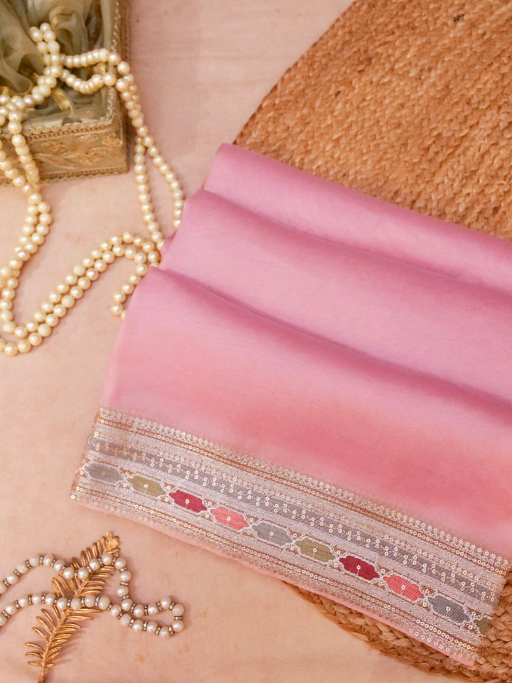 Sabyasachi Inspired Baby Pink Pure Organza Saree with Designer Border Heavy Resham Kadhai Blouse View 1