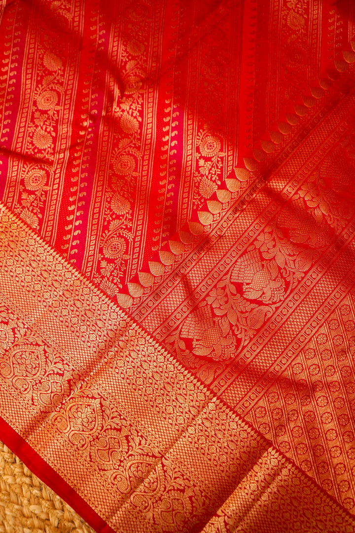 Pure Red Kanjivaram Silk Brocade Saree with Zari Weaving View 3