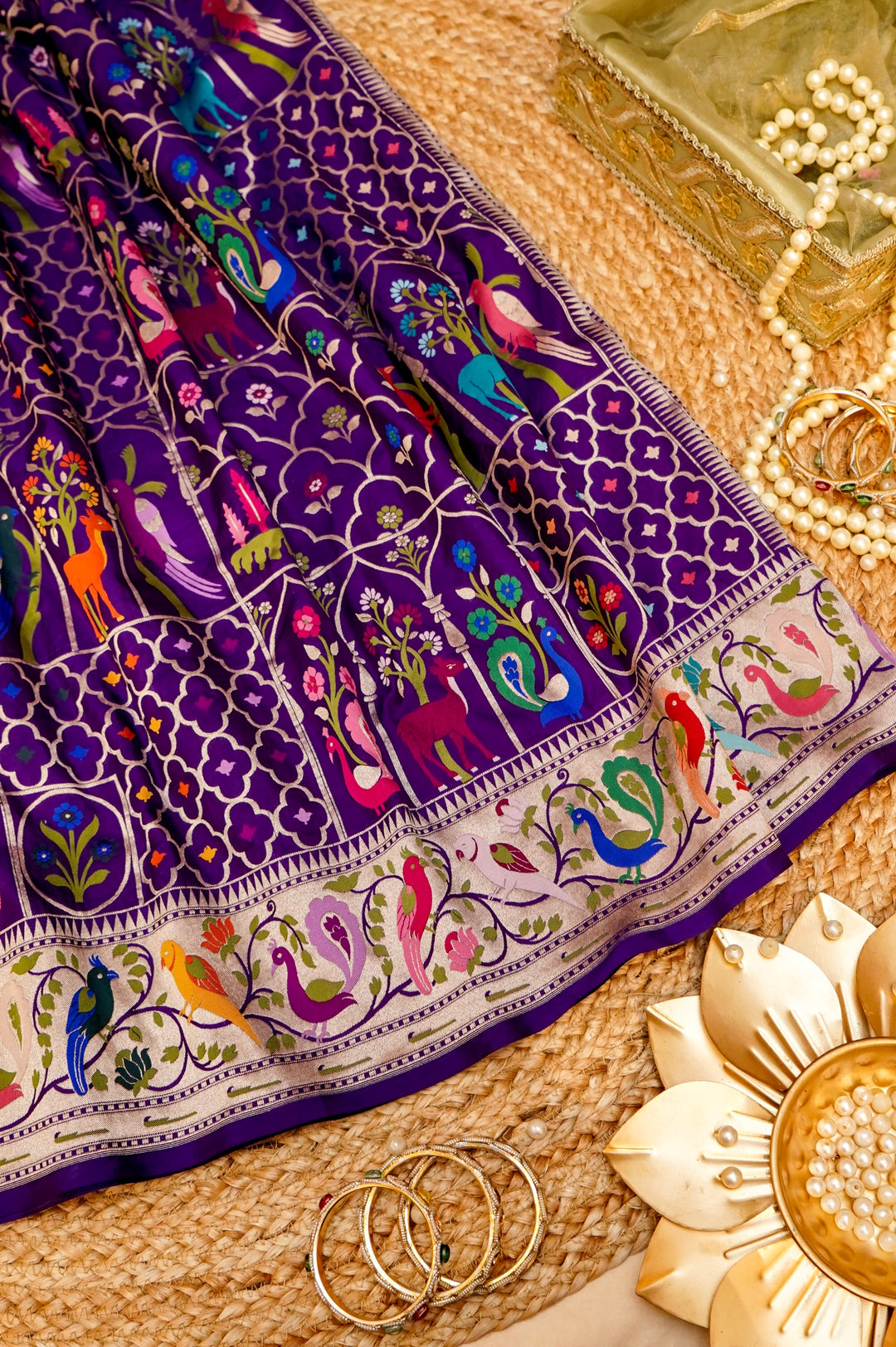 Handwoven Banarasi Pure Meenakari Shikargah Peacock Motif Katan Silk Saree View 1