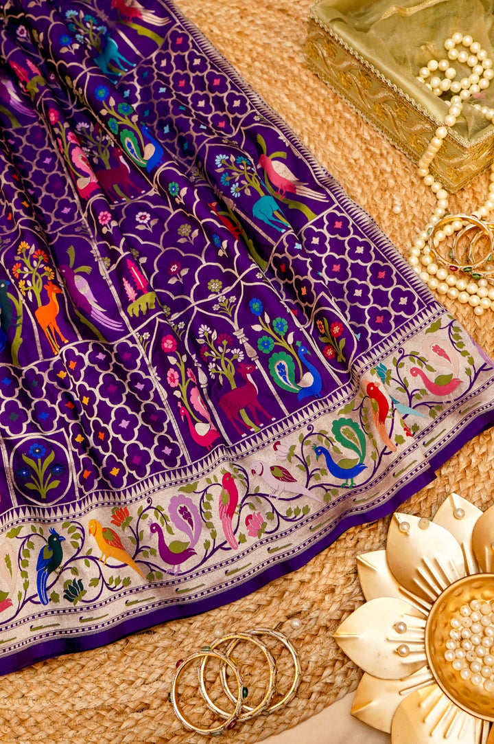 Handwoven Banarasi Pure Meenakari Shikargah Peacock Motif Katan Silk Saree View 1