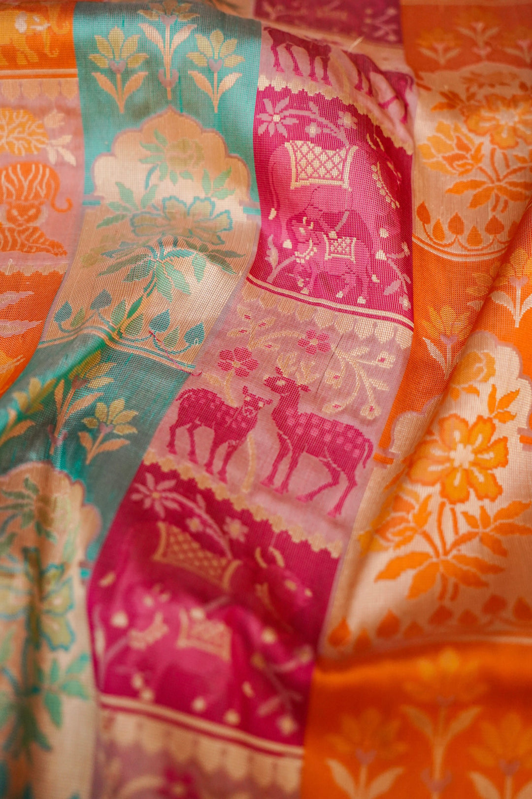 Handwoven Rangkat Banarasi Pure Katan Silk Saree with Zari & Thread Woven Animal Motif