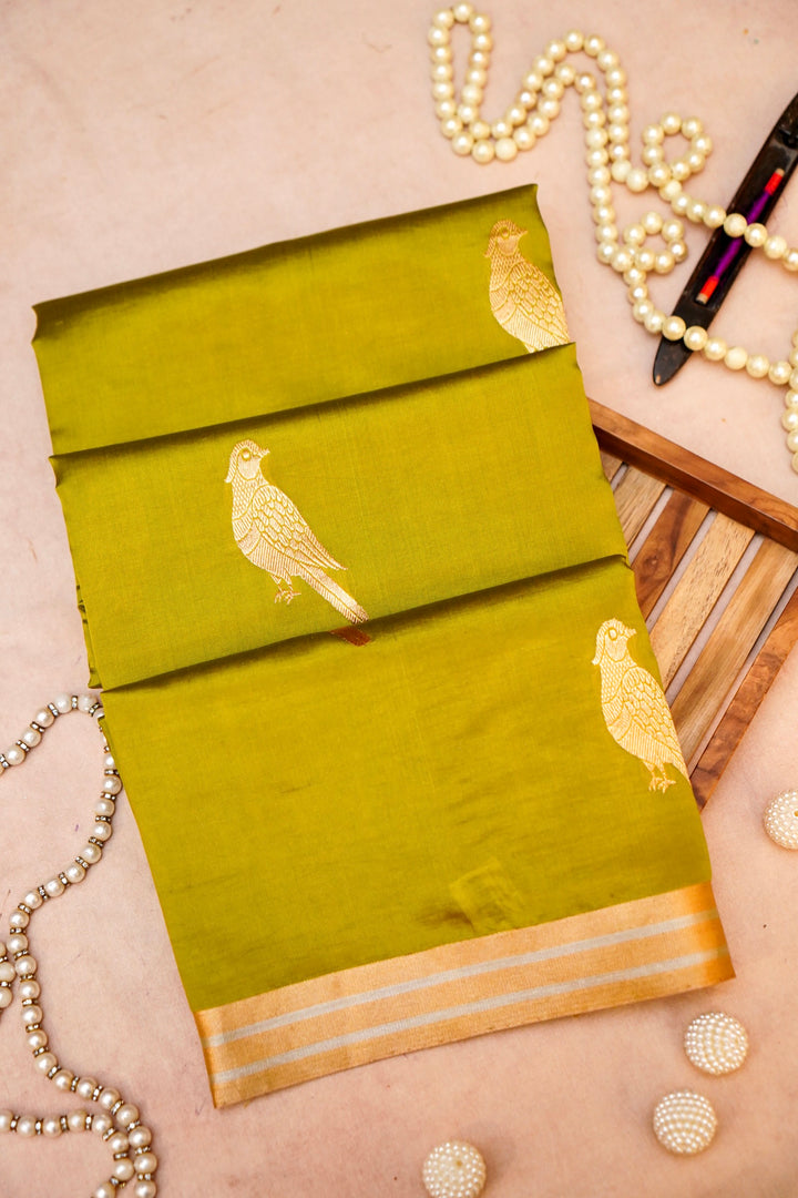 Parrot Green Royalty Handwoven Banarasi Pure Katan Silk Saree with All-Over Zari Motif