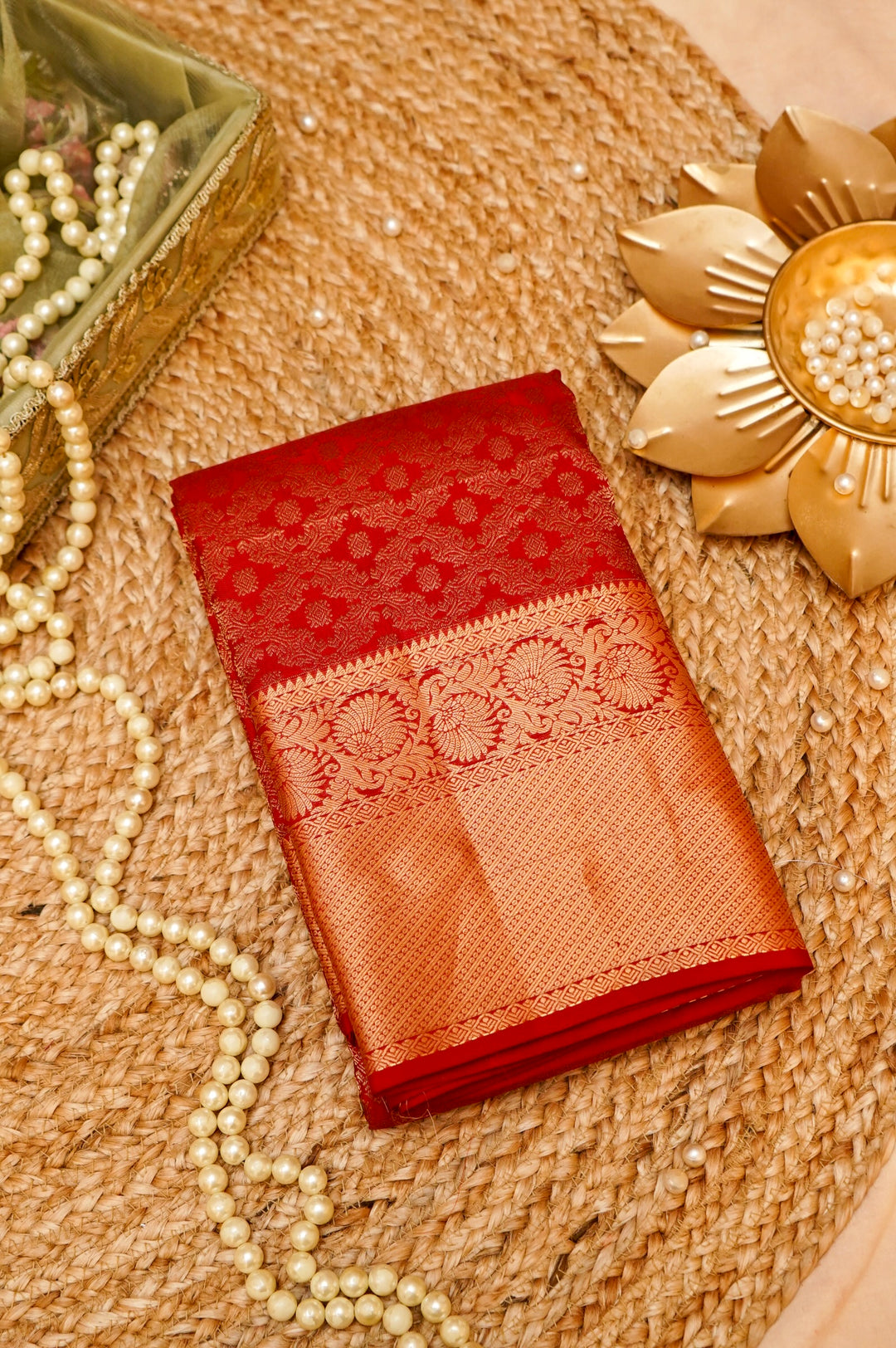 Ruby Red Kanjivaram Silk Saree with Heirloom Zari Brocade Weave View 1