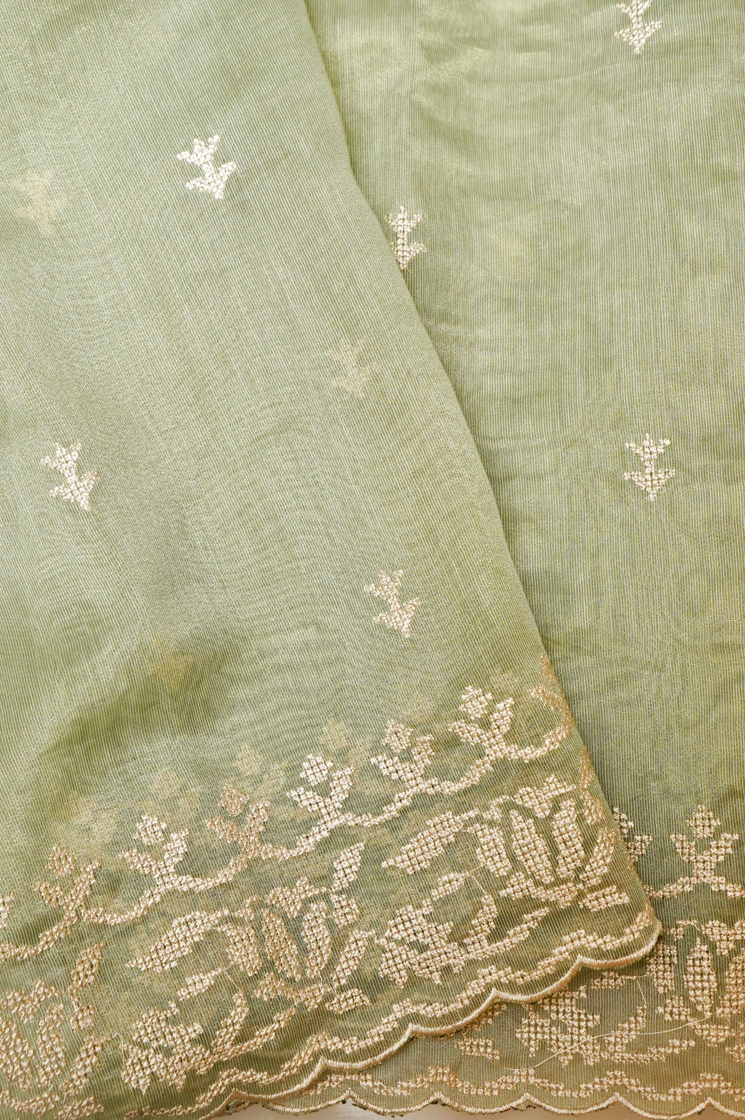 Pista Green Tissue Saree with Cross Stitch Resham Embroidery & Appliqué Work