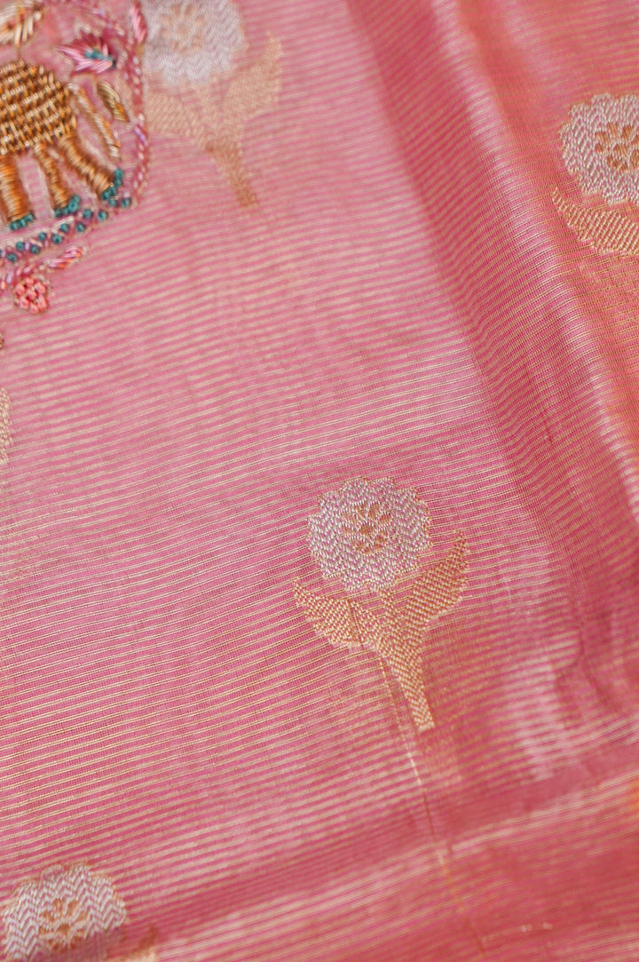 Unstitched Pink Pure Chanderi Tissue Suit Set with Zardozi work