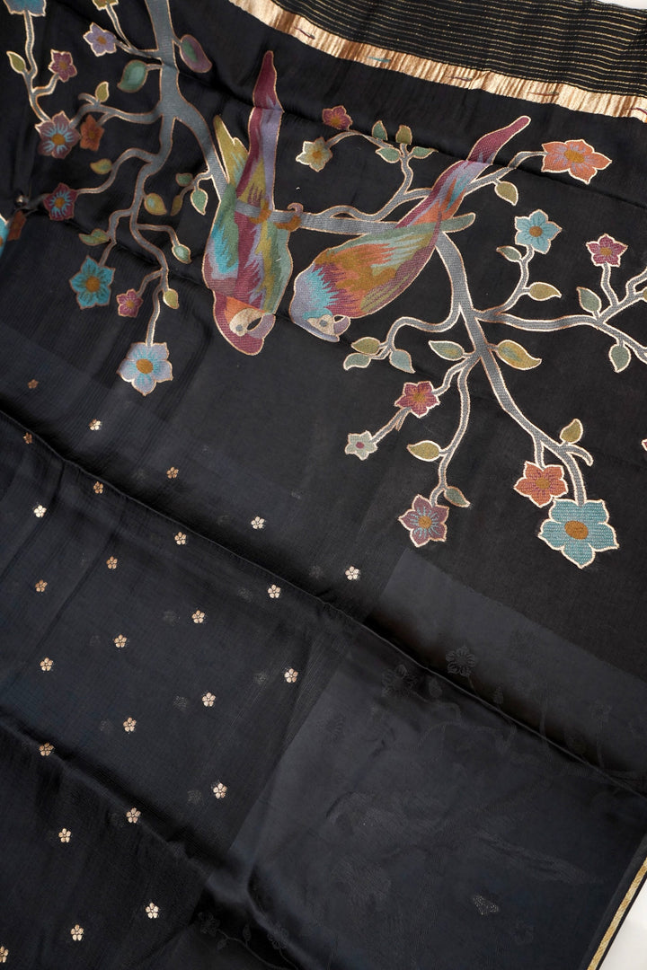 Black Banarasi Kota Saree with Silk Border & Paithani Inspired Weaving