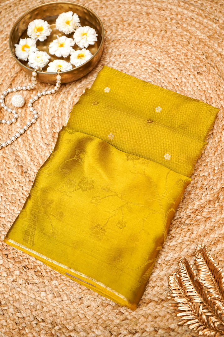 Mustard Banarasi Kota Saree for Haldi Wear with Silk Border &amp; Paithani Weaving