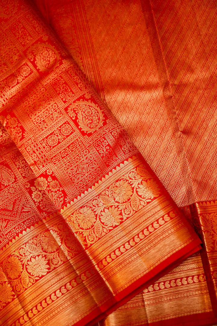 Vibrant Red Traditional Kanjivaram Silk Brocade Saree View 3