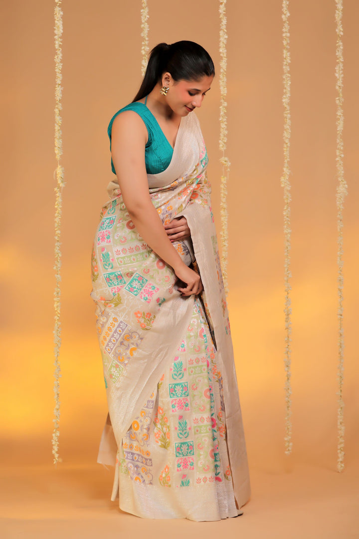 handwoven offwhite banarasi pure munga tussar georgette meenakari saree side view 1