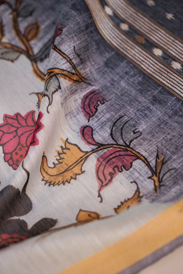 Light Blue Cotton Silk Saree with Floral Print &amp; Contrast Black Pallu