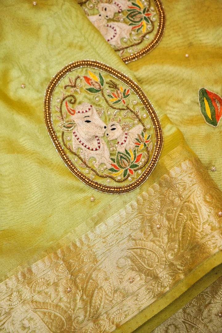Maharani Tissue Silk Pichwai Pichwai Motif Saree in Mint Green Hue