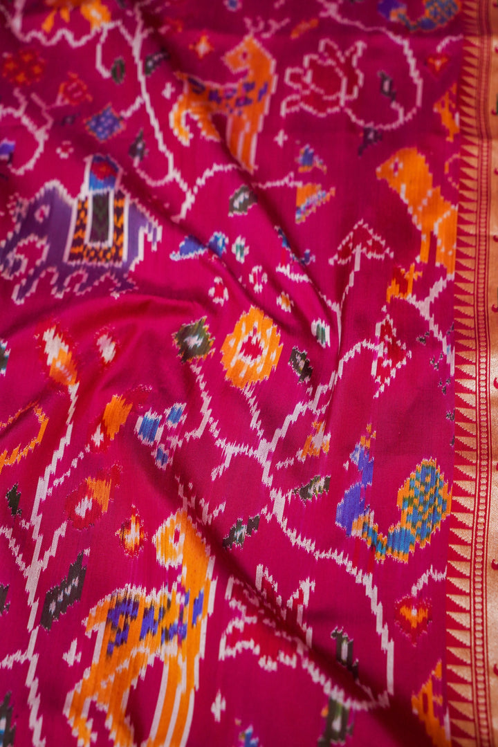 Handwoven Rani Pure Ikkat Weaving Katan Silk Paithani Saree View 4