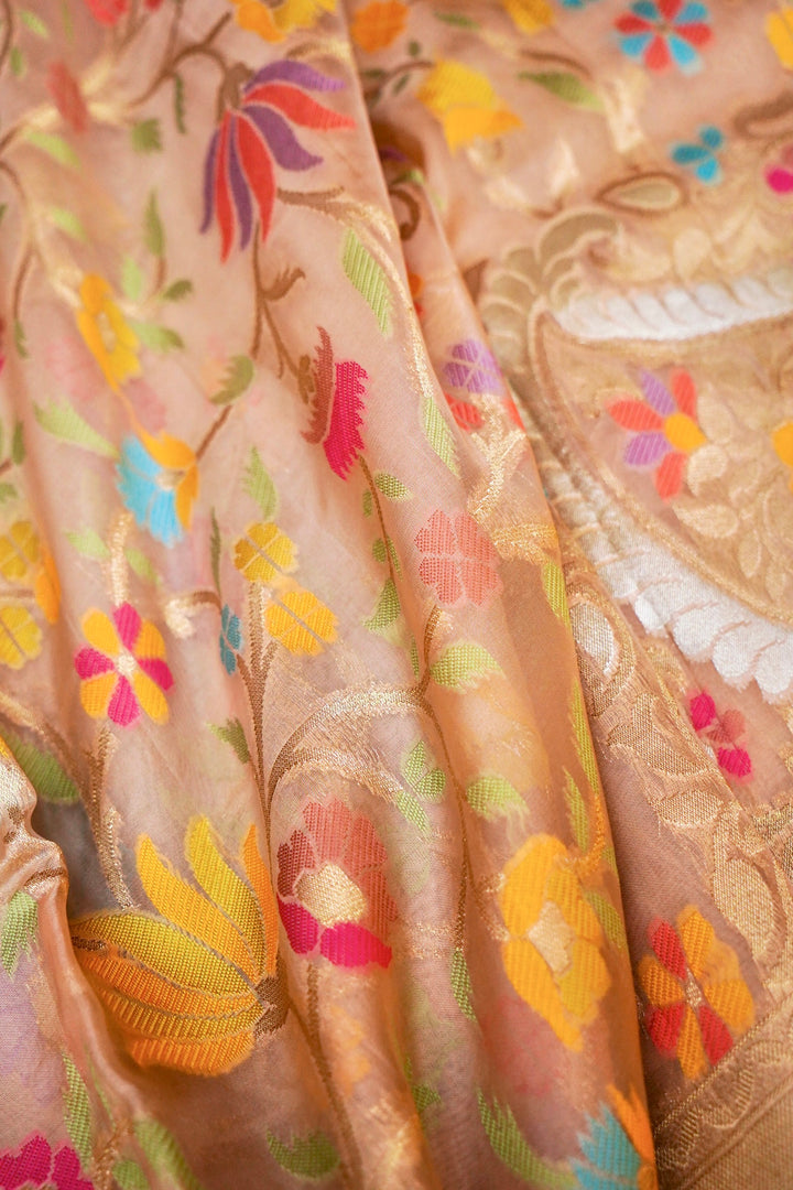Timeless Grace Cream Kora Silk Saree with Tilfi Zari & Meenakari Jaal Weave