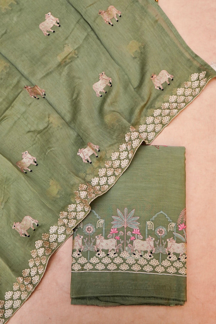 Sage Green Pure Chanderi Silk Pichwai Suit Set