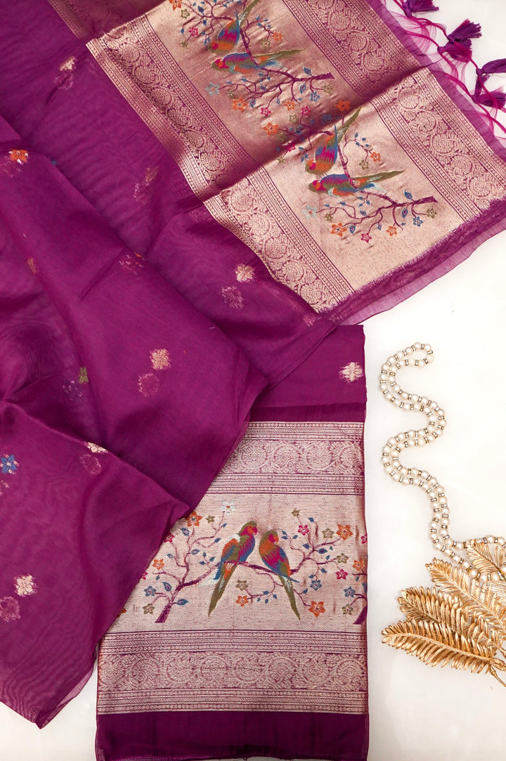 Regal Purple Meenakari Bird Motif Cotton Silk Suit Set
