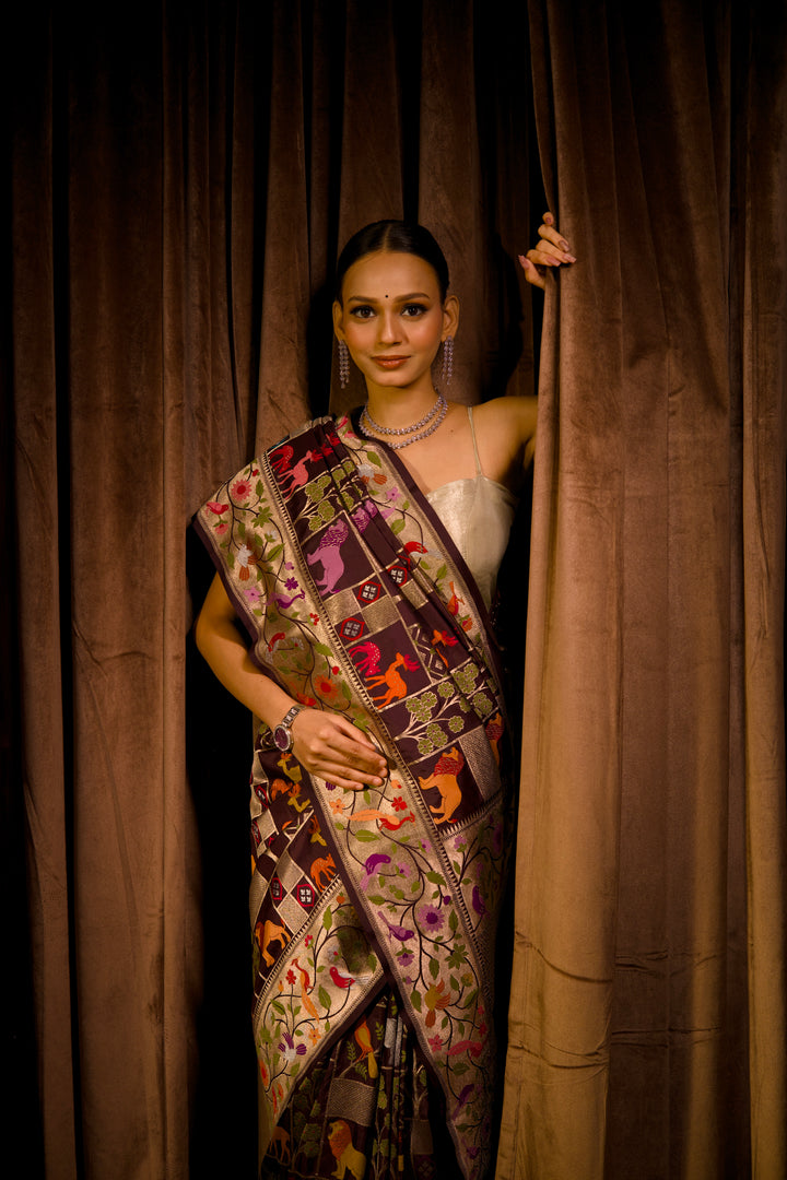 Handwoven Banarasi Pure Katan Silk Meenakari Shikargah Saree View 3